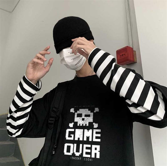 ESC BUTİK Game Over Baskılı Fake Sleeves Unisex Siyah T-shirt