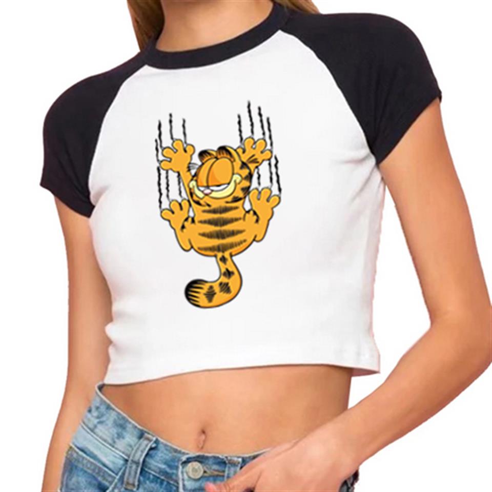 ESC BUTİK Garfield Baskılı Reglan Kol Beyaz Crop