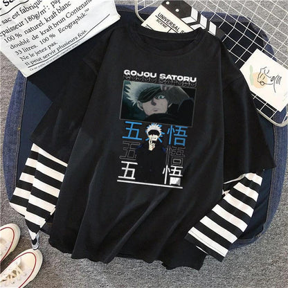 ESC BUTİK Gojou Satoru - Jujutsu Kaisen Baskılı Fake Sleeves Unisex Siyah T-shirt