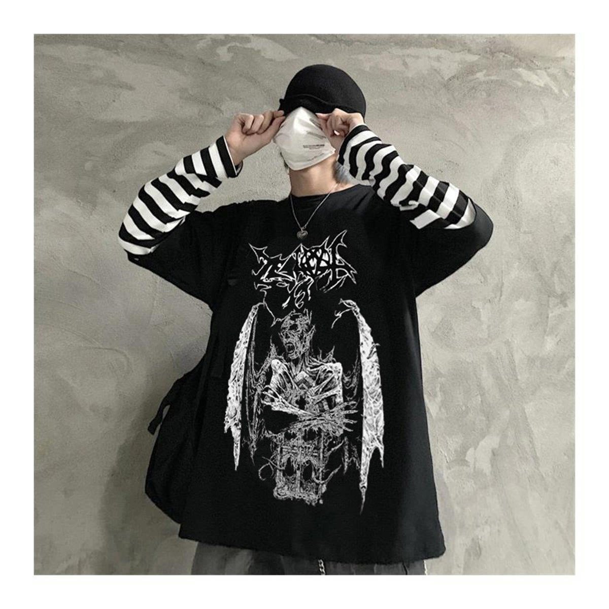 ESC BUTİK Gothic Devil Unisex Siyah Oversize Uzun Kollu T-Shirt