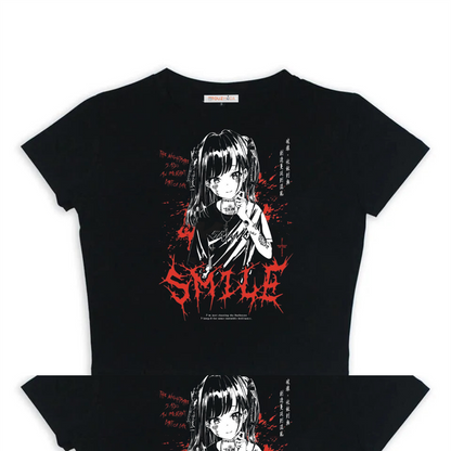 ESC BUTİK Gothic Girl Smile Baskılı Siyah Crop