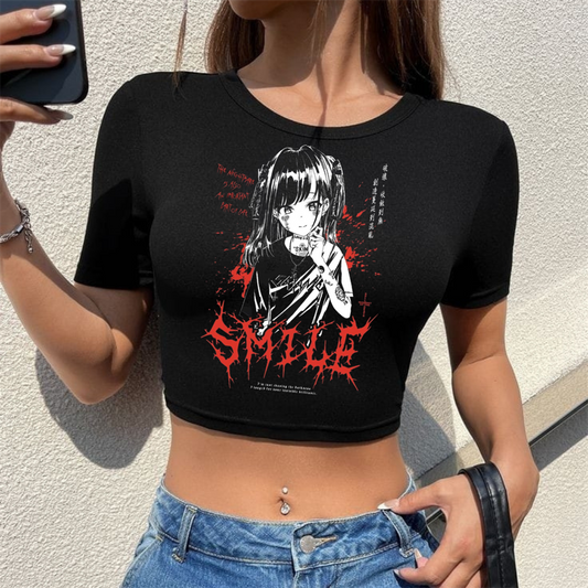 ESC BUTİK Gothic Girl Smile Baskılı Siyah Crop