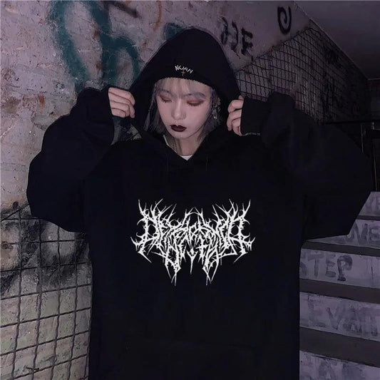 ESC BUTİK Gothic Graphic Baskılı Siyah Unisex Oversize Kapüşonlu Sweatshirt