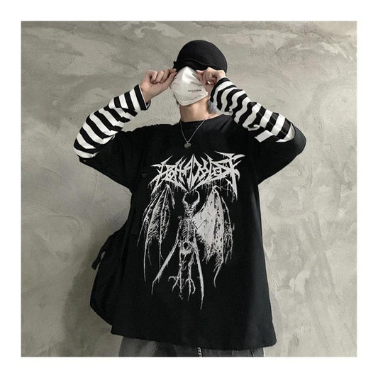 ESC BUTİK Gothic Harajuku Fashion Winged Skeleton Oversize Unisex Uzun Kollu  T-shirt