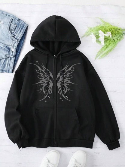 ESC BUTİK Gothic Heart Baskılı Oversize Fermuarlı Siyah Unisex Kapüşonlu Hırka