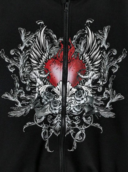 ESC BUTİK Gothic Heart Baskılı Oversize Fermuarlı Siyah Unisex Kapüşonlu Hırka