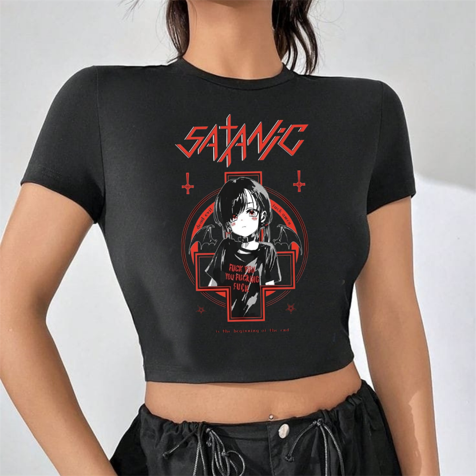 ESC BUTİK Gothic Satanic Girl Baskılı Siyah Crop