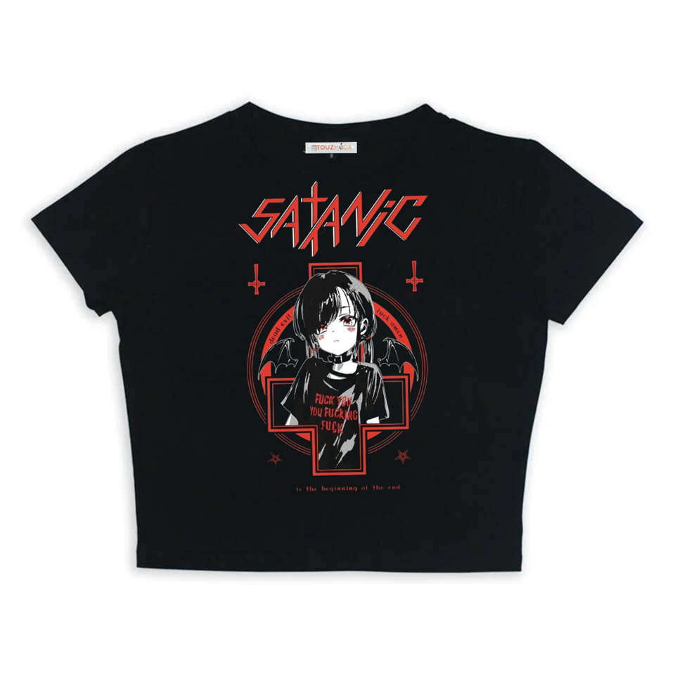 ESC BUTİK Gothic Satanic Girl Baskılı Siyah Crop