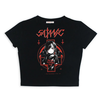 ESC BUTİK Gothic Satanic Girl Baskılı Siyah Crop