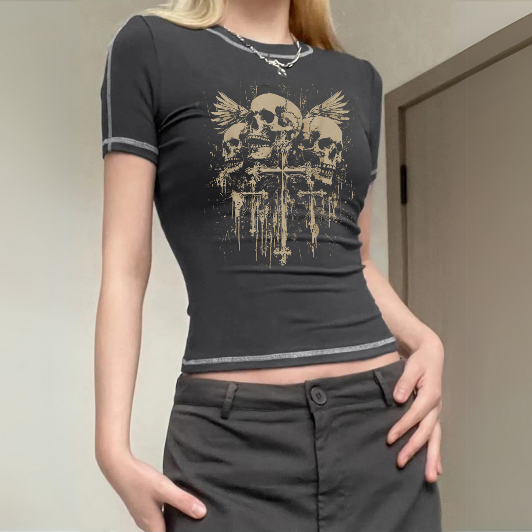 ESC BUTİK Gothic Skull Antrasit Crop Bluz