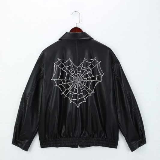 ESC BUTİK Gothic Spider Baskılı Streetwear Siyah Oversize Unisex Astarlı Deri Ceket