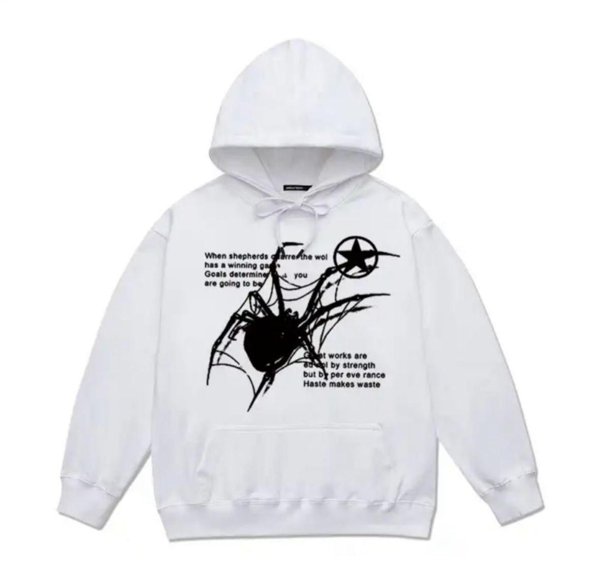 ESC BUTİK Gothic Spider Web Oversize Unisex Beyaz Kapşonlu Hoodie Sweatshirt