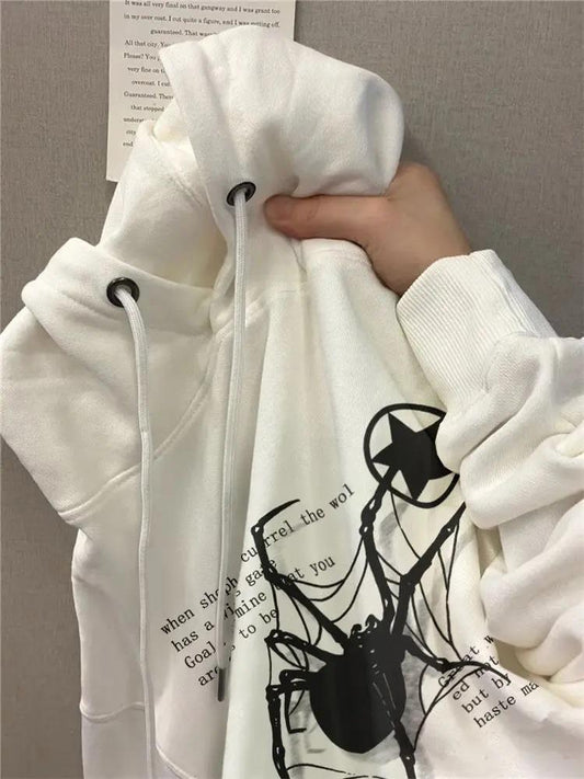 ESC BUTİK Gothic Spider Web Oversize Unisex Beyaz Kapşonlu Hoodie Sweatshirt