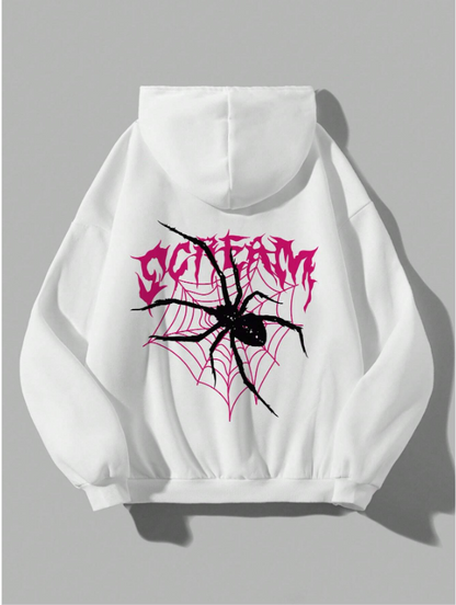 ESC BUTİK Gothic Spider Web Scream Oversize Unisex Beyaz Kapşonlu Hoodie Sweatshirt