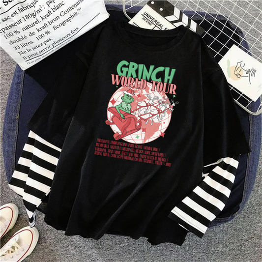 ESC BUTİK Grinch World Tour Baskılı Fake Sleeves Unisex Siyah T-shirt