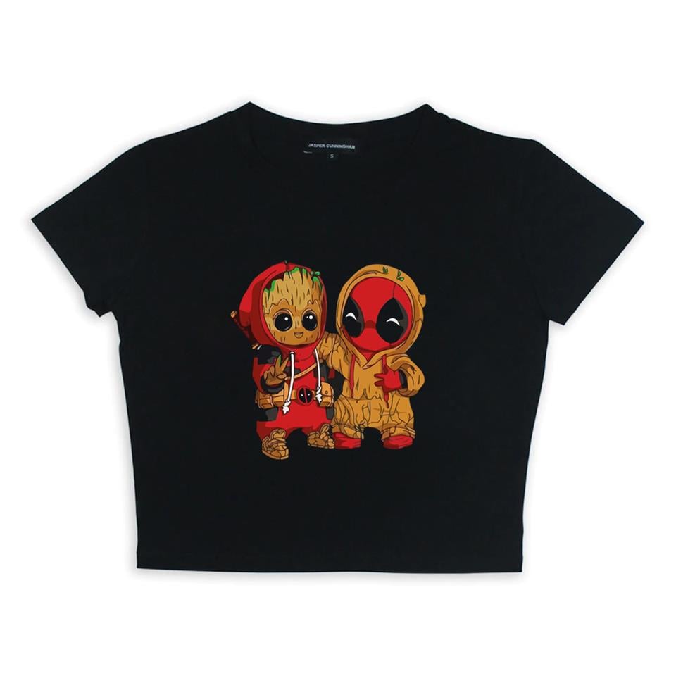 ESC BUTİK Groot & Deadpool Baskılı Siyah Crop