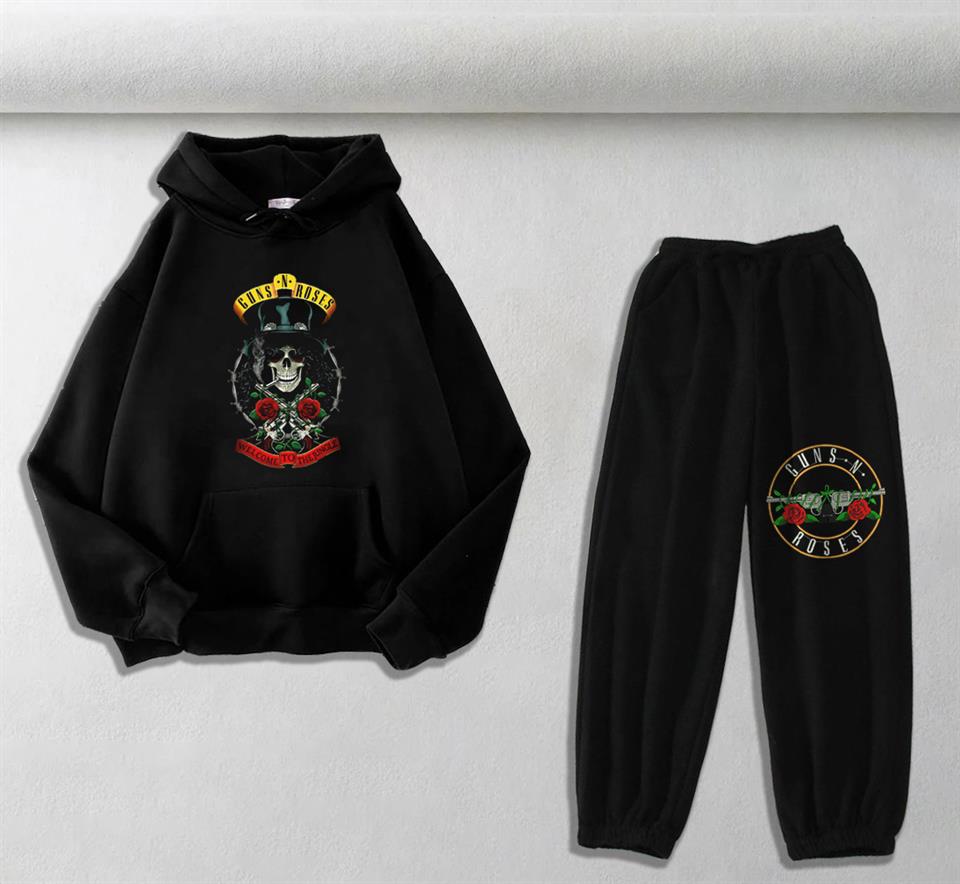 ESC BUTİK Guns N Roses Baskılı Siyah Oversize Kapüşonlu Sweatshirt & Eşofman Altı Unisex İkili Takım