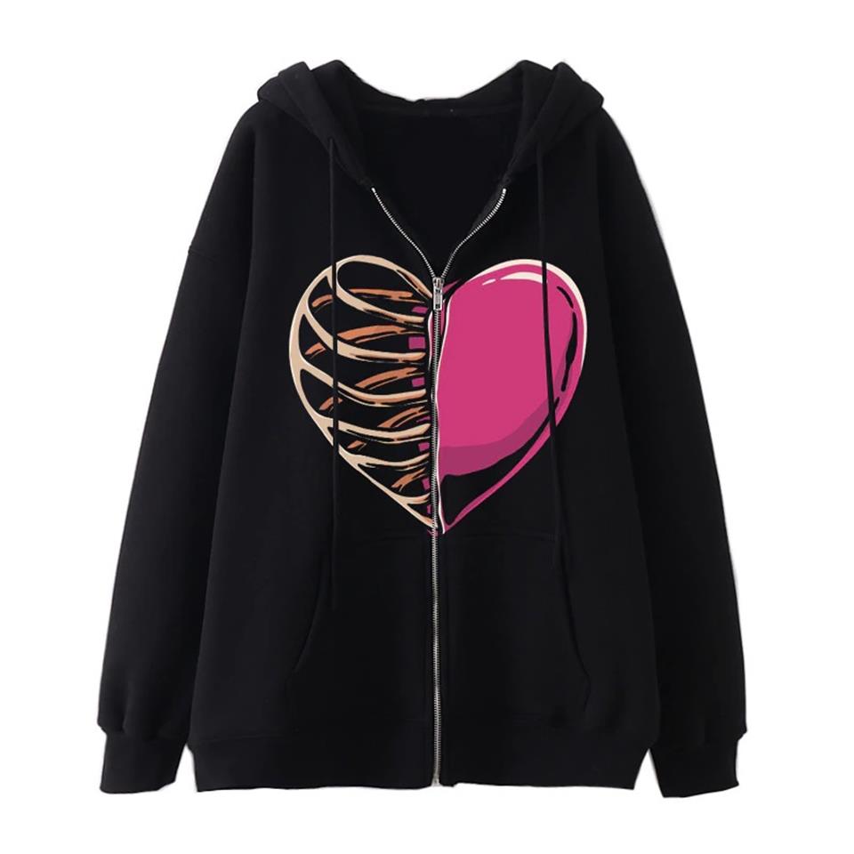 ESC BUTİK Half Rib & Heart Baskılı Oversize Fermuarlı Siyah Unisex Kapüşonlu Hırka