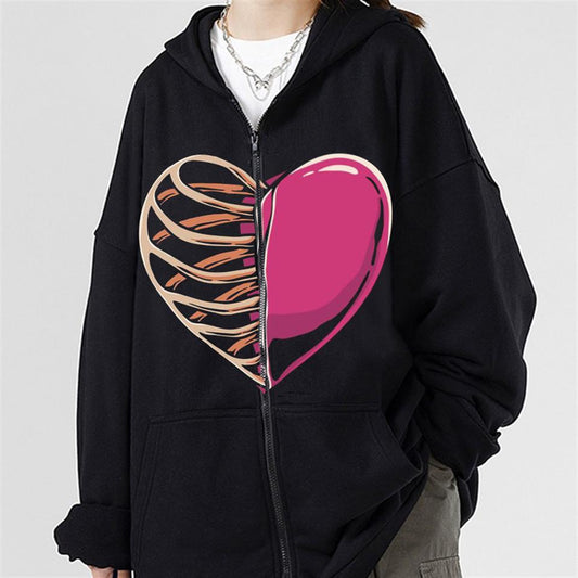 ESC BUTİK Half Rib & Heart Baskılı Oversize Fermuarlı Siyah Unisex Kapüşonlu Hırka