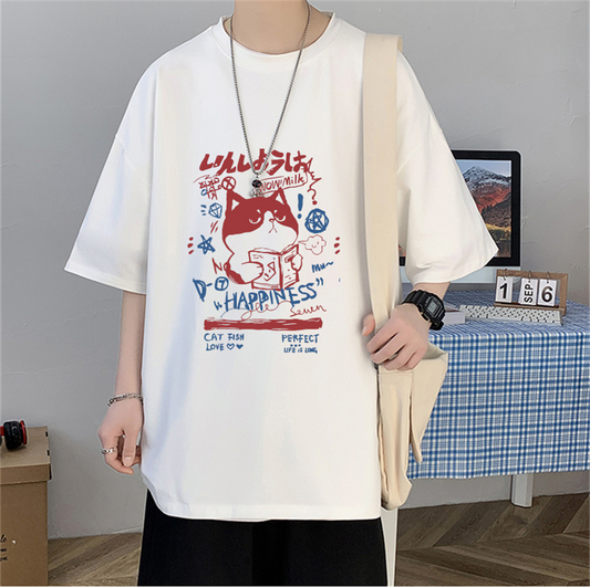 ESC BUTİK Happiness Cat Baskılı Oversize T-shirt