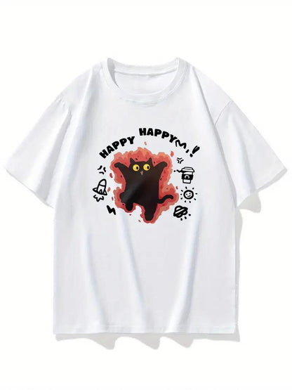 ESC BUTİK Happy Cat Baskılı Beyaz T-shirt