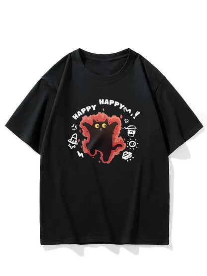 ESC BUTİK Happy Cat Baskılı Siyah T-shirt