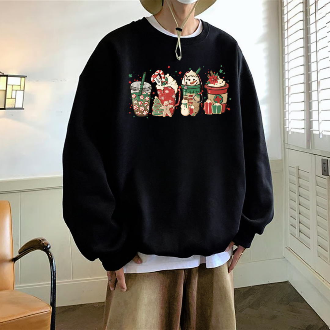 ESC BUTİK Happy Christmas Baskılı Siyah Unisex Oversize Bisiklet Yaka Sweatshirt