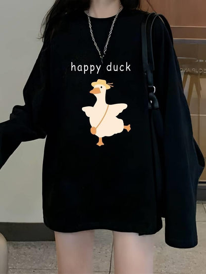 ESC BUTİK Happy Duck Siyah Unisex Oversize Bisiklet Yaka Sweatshirt