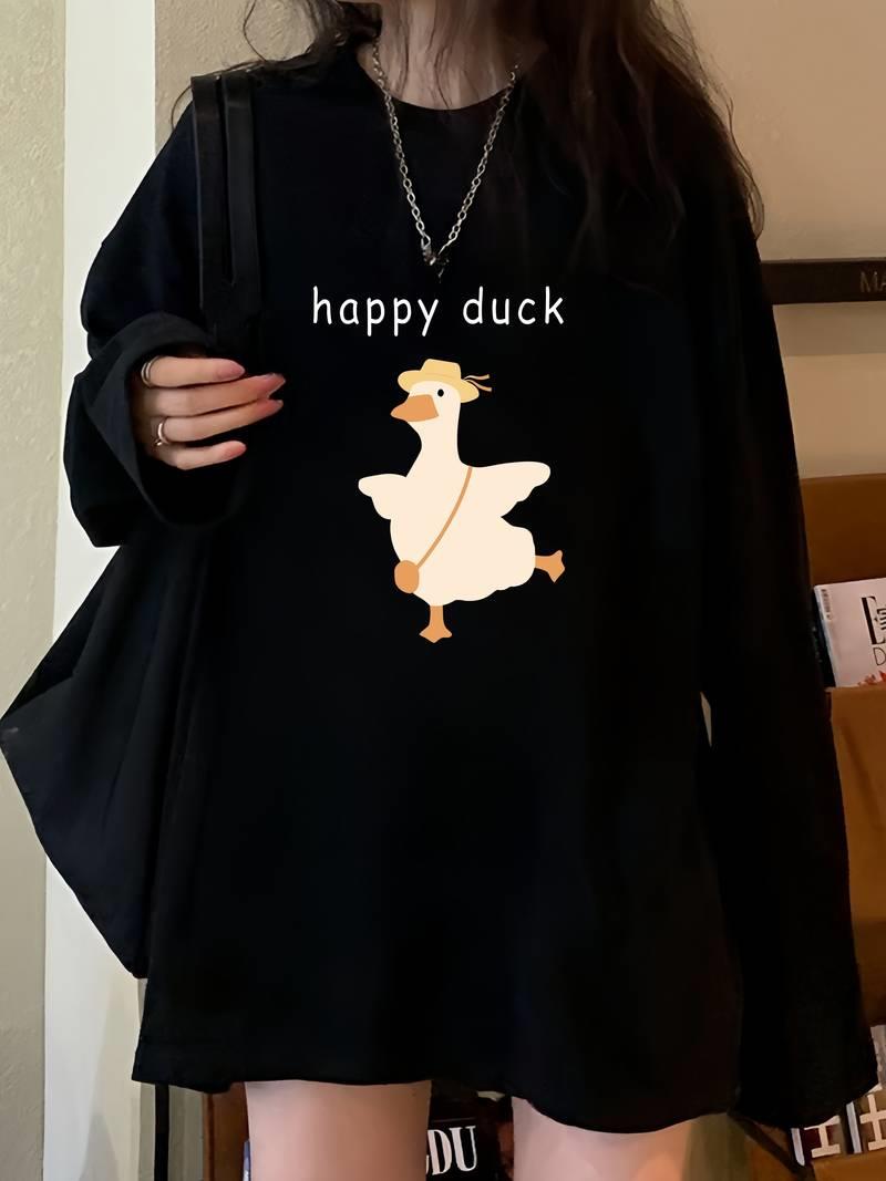 ESC BUTİK Happy Duck Siyah Unisex Oversize Bisiklet Yaka Sweatshirt