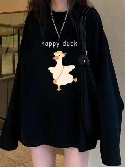 ESC BUTİK Happy Duck Siyah Unisex Oversize Bisiklet Yaka Sweatshirt