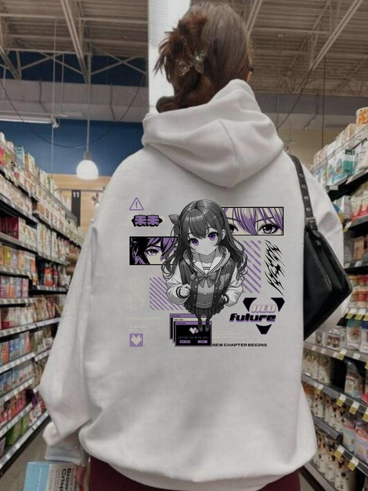 ESC BUTİK Harajuku Anime Girl Baskılı Beyaz Kapşonlu Sweatshirt