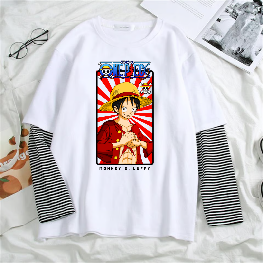 ESC BUTİK Harajuku Anime One Piece Strawhat Fake Sleeves Unisex Beyaz T-shirt