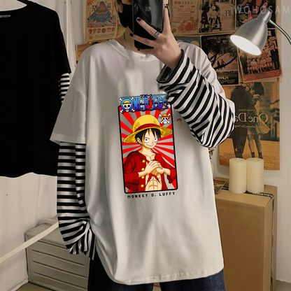 ESC BUTİK Harajuku Anime One Piece Strawhat Fake Sleeves Unisex Beyaz T-shirt