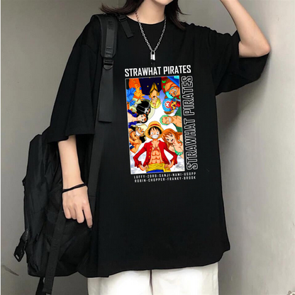 ESC BUTİK Harajuku Anime One Piece Strawhat Siyah Oversize T-Shirt