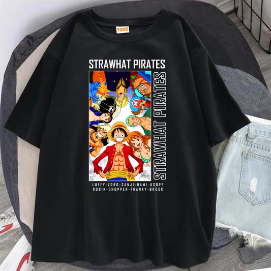 ESC BUTİK Harajuku Anime One Piece Strawhat Siyah Oversize T-Shirt