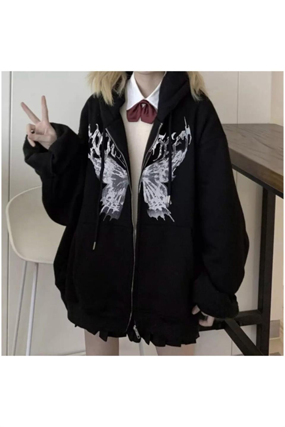 ESC BUTİK Harajuku Butterfly Kelebek Baskılı Oversize Fermuarlı Siyah Unisex Kapüşonlu Hırka