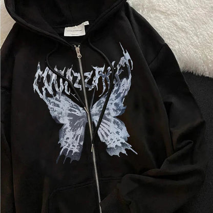 ESC BUTİK Harajuku Butterfly Kelebek Baskılı Oversize Fermuarlı Siyah Unisex Kapüşonlu Hırka