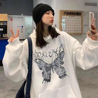 ESC BUTİK Harajuku Butterfly Oversize Unisex Beyaz Kapşonlu Hoodie Sweatshirt