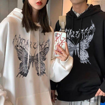 ESC BUTİK Harajuku Butterfly Oversize Unisex Beyaz Kapşonlu Hoodie Sweatshirt