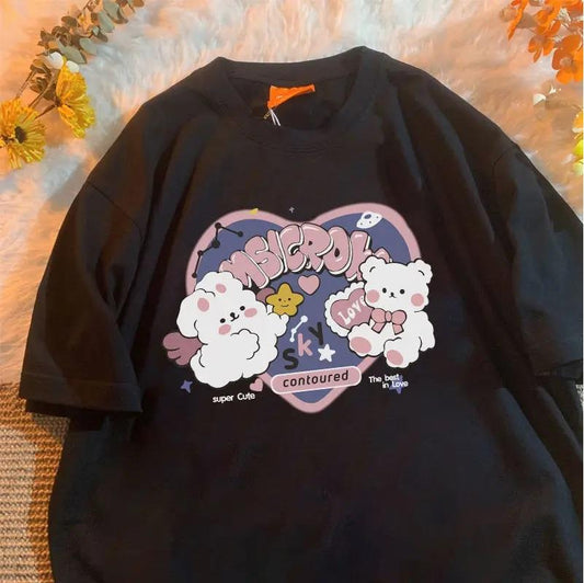 ESC BUTİK Harajuku Cute Siyah Unisex Oversize T-shirt