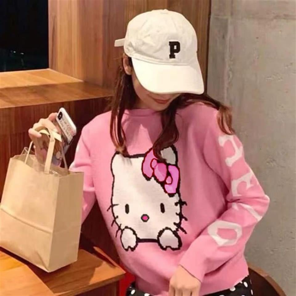 ESC BUTİK Harajuku Hello Kitty Pembe Oversize Crop Kazak