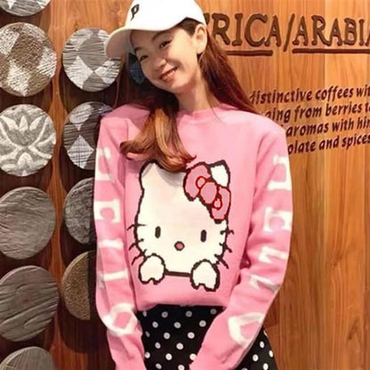 ESC BUTİK Harajuku Hello Kitty Pembe Oversize Crop Kazak