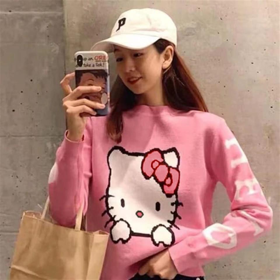 ESC BUTİK Harajuku Hello Kitty Pembe Oversize Crop Kazak