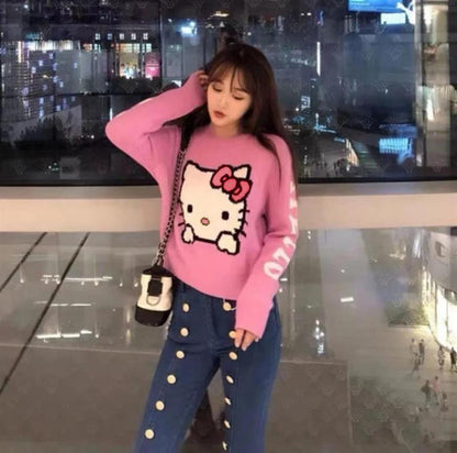 ESC BUTİK Harajuku Hello Kitty Pembe Oversize Crop Kazak