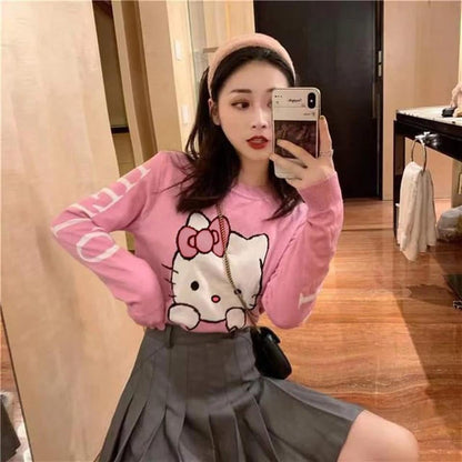 ESC BUTİK Harajuku Hello Kitty Pembe Oversize Crop Kazak