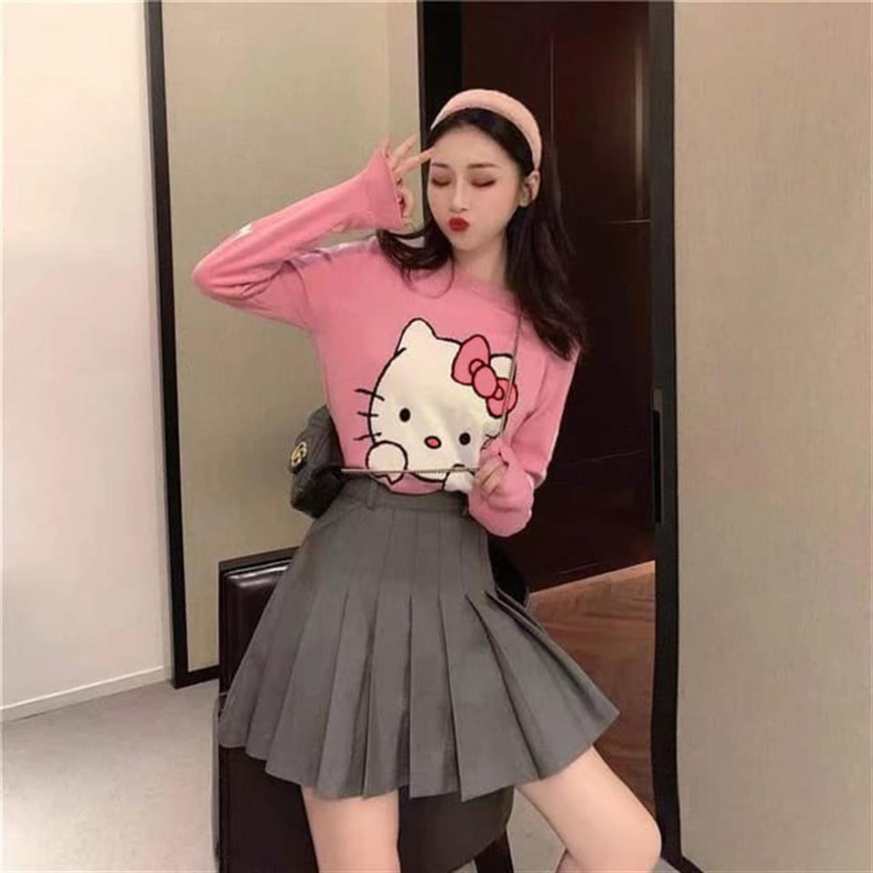 ESC BUTİK Harajuku Hello Kitty Pembe Oversize Crop Kazak