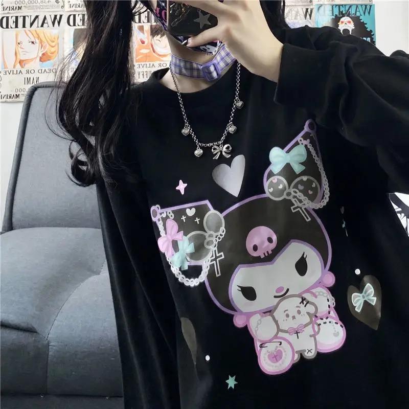 ESC BUTİK Harajuku Kuromi Baskılı Siyah Unisex Oversize Bisiklet Yaka Sweatshirt