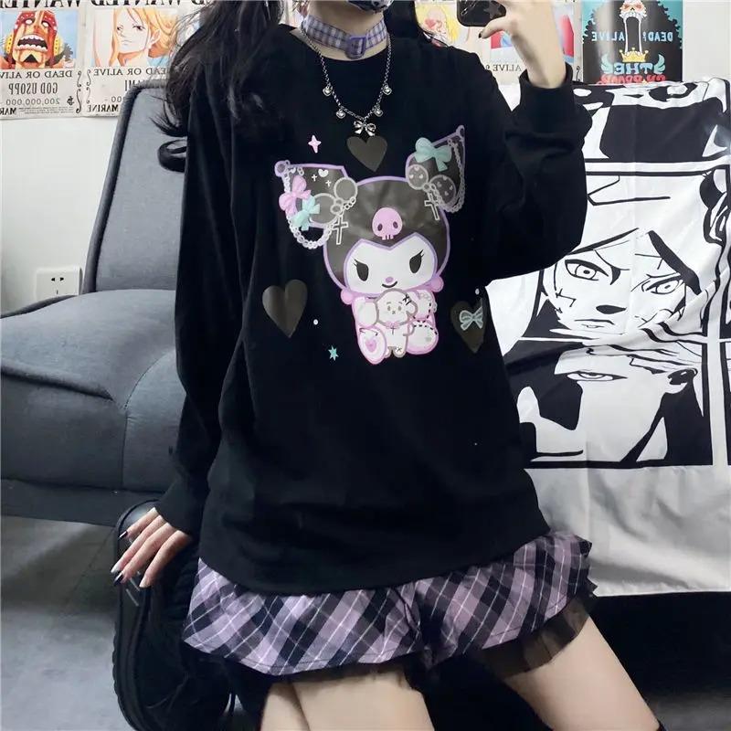 ESC BUTİK Harajuku Kuromi Baskılı Siyah Unisex Oversize Bisiklet Yaka Sweatshirt