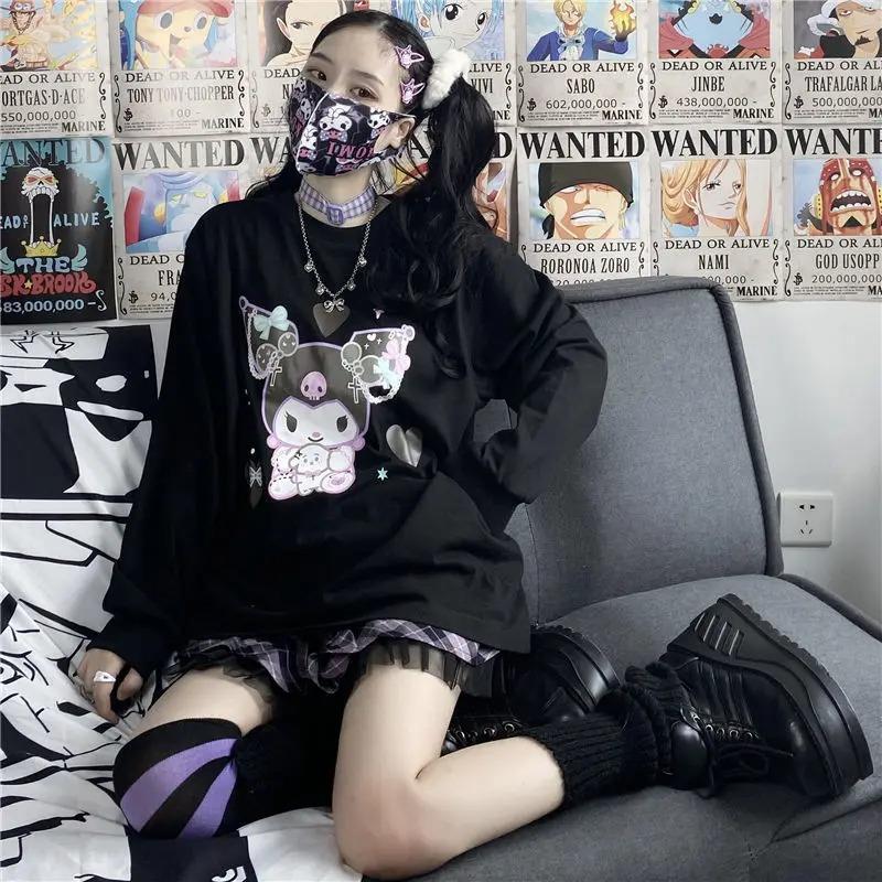 ESC BUTİK Harajuku Kuromi Baskılı Siyah Unisex Oversize Bisiklet Yaka Sweatshirt