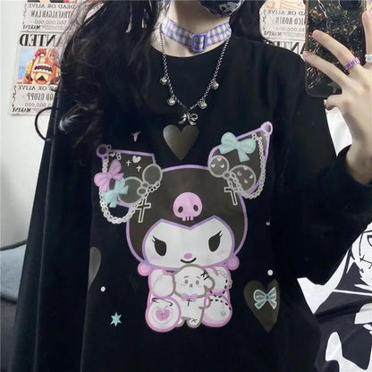 ESC BUTİK Harajuku Kuromi Baskılı Siyah Unisex Oversize Bisiklet Yaka Sweatshirt